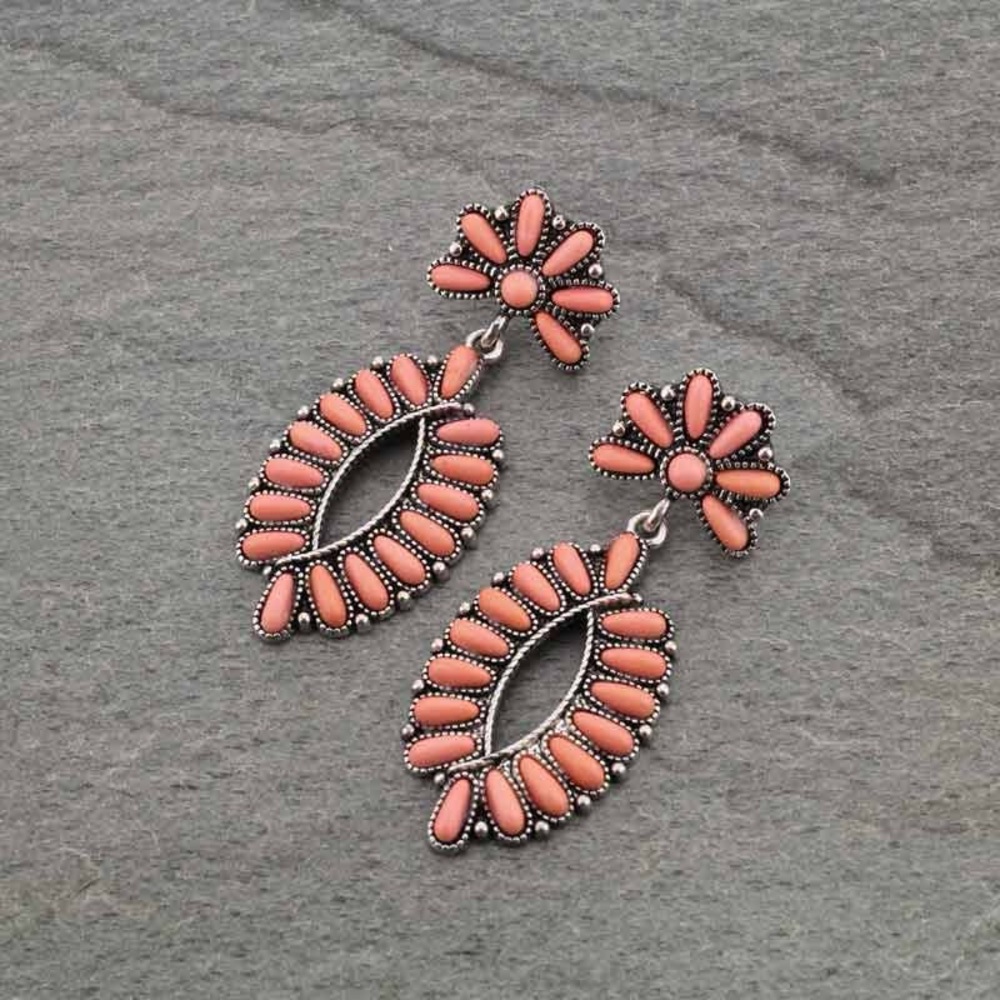 Boho Oval Blossom and Natural Coral Stone Earrings - Picture 2 of 10